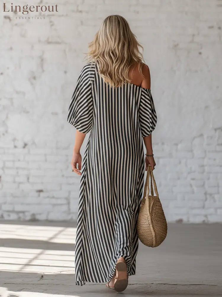Urban Black Chiffon Striped Print Off Shoulder Maxi Dress