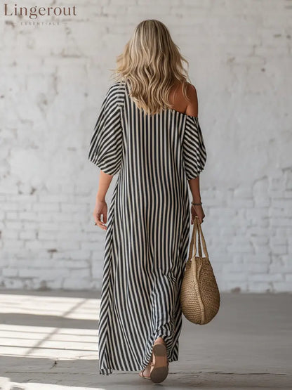 Urban Black Chiffon Striped Print Off Shoulder Maxi Dress