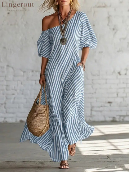 Urban Black Chiffon Striped Print Off Shoulder Maxi Dress - Blue / S