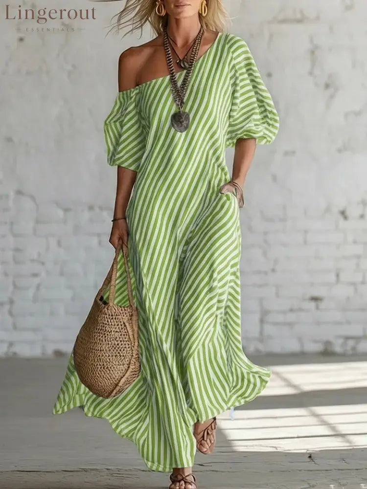 Urban Black Chiffon Striped Print Off Shoulder Maxi Dress - Green / S