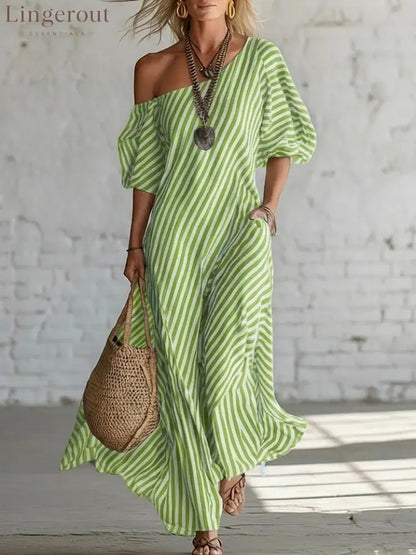 Urban Black Chiffon Striped Print Off Shoulder Maxi Dress - Green / S