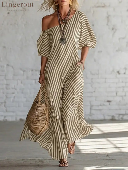 Urban Black Chiffon Striped Print Off Shoulder Maxi Dress - Khaki / S