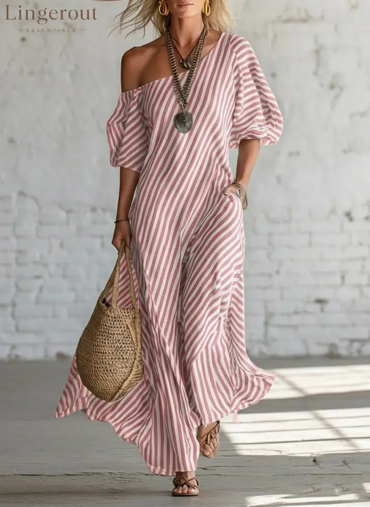 Urban Black Chiffon Striped Print Off Shoulder Maxi Dress - Pink / S