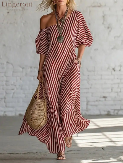 Urban Black Chiffon Striped Print Off Shoulder Maxi Dress - Red / S