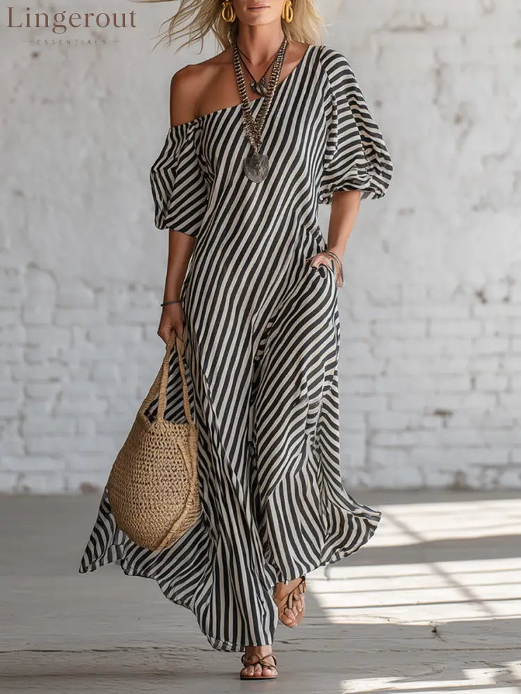 Urban Black Chiffon Striped Print Off Shoulder Maxi Dress - Black / S