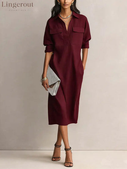 Utility Pocket Half Placket Midi Shirt Dress - Claret / S