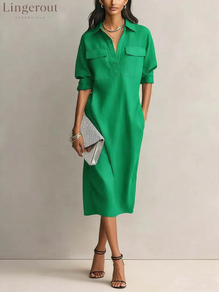 Utility Pocket Half Placket Midi Shirt Dress - Green / S