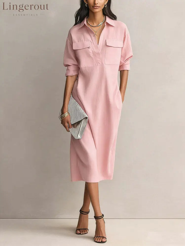 Utility Pocket Half Placket Midi Shirt Dress - Pink / S