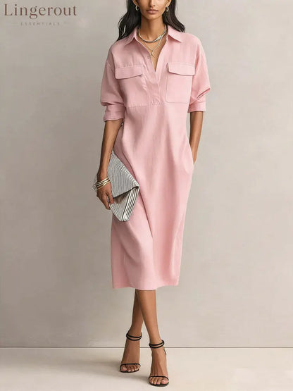 Utility Pocket Half Placket Midi Shirt Dress - Pink / S