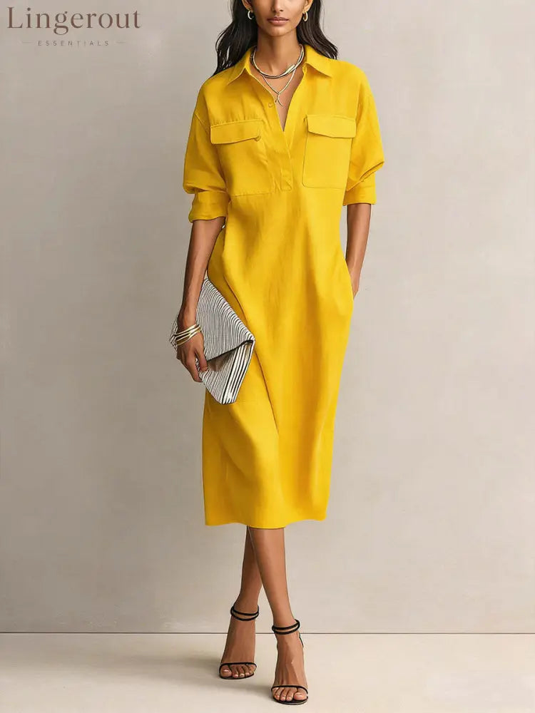 Utility Pocket Half Placket Midi Shirt Dress - Yellow / S