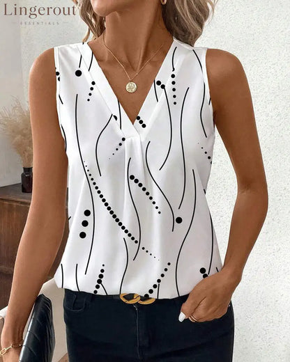 V-Neck Sleeveless Pleated Printed Vest