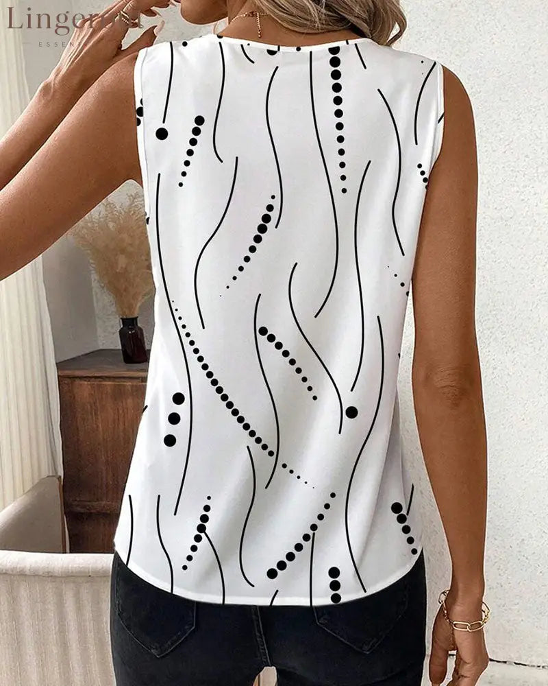 V-Neck Sleeveless Pleated Printed Vest