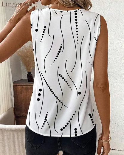 V-Neck Sleeveless Pleated Printed Vest