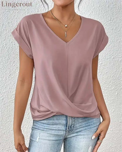V-Neck Solid Color Elegant Short-Sleeved T-Shirt