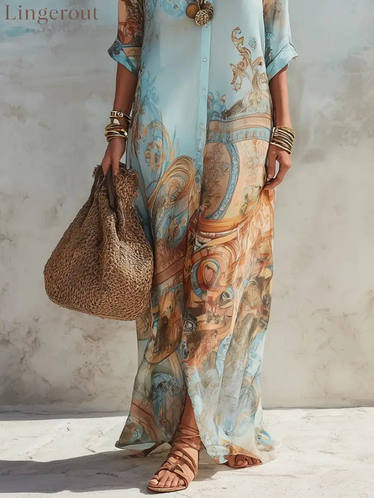 Vacation Blue Floral Print Shirt Maxi Dress