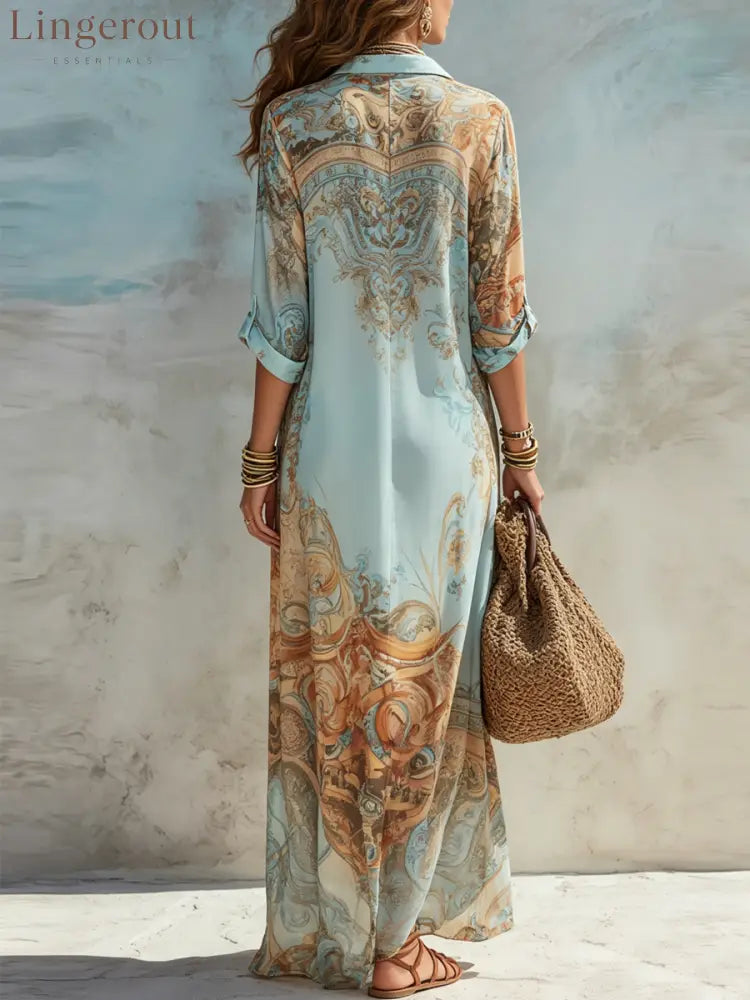 Vacation Blue Floral Print Shirt Maxi Dress