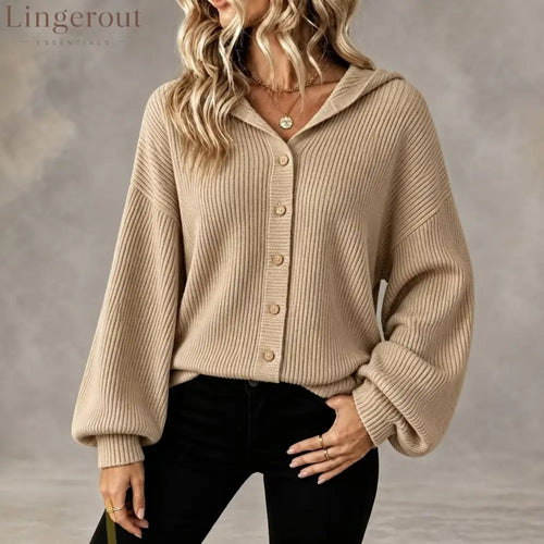 Vertical Rib Knit Hooded Button Down Balloon Sleeve Cardigan - Khaki / S