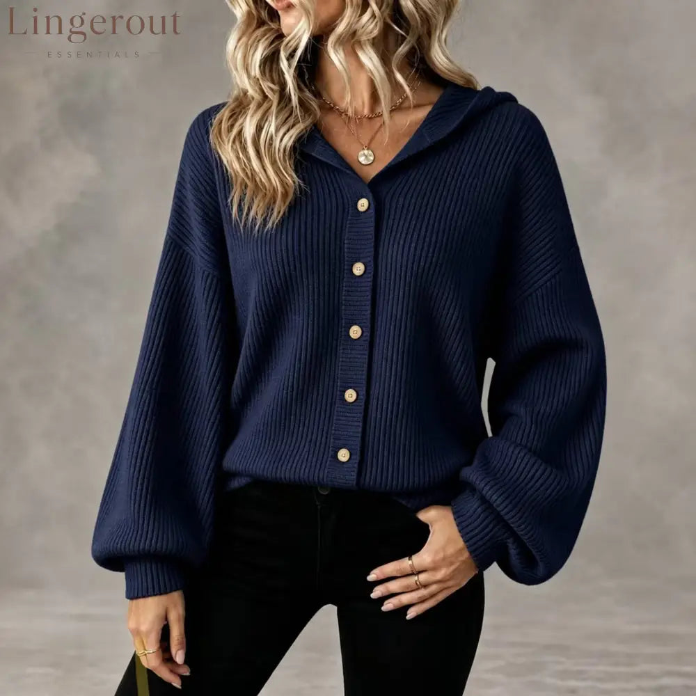 Vertical Rib Knit Hooded Button Down Balloon Sleeve Cardigan - Navy blue / S