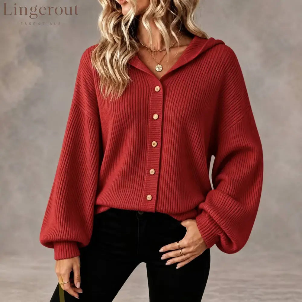 Vertical Rib Knit Hooded Button Down Balloon Sleeve Cardigan - Red / S