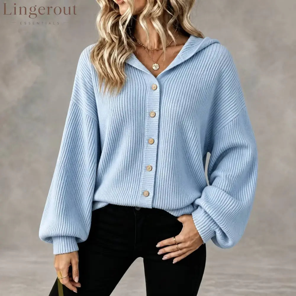 Vertical Rib Knit Hooded Button Down Balloon Sleeve Cardigan - Sky blue / S