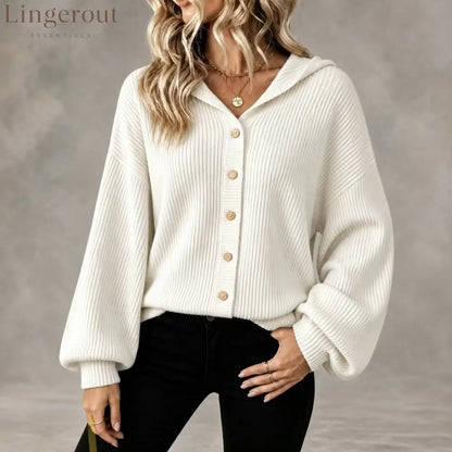 Vertical Rib Knit Hooded Button Down Balloon Sleeve Cardigan - White / S