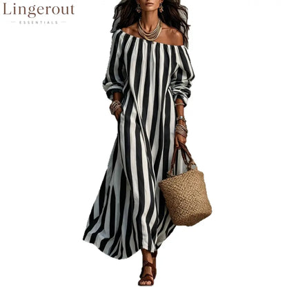 Vertical‑Stripe Off‑Shoulder Linen Maxi Dress