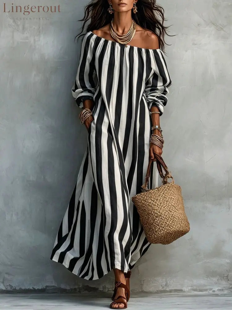 Vertical‑Stripe Off‑Shoulder Linen Maxi Dress - Black / S