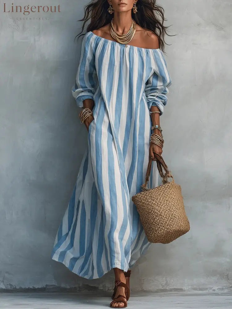 Vertical‑Stripe Off‑Shoulder Linen Maxi Dress - Blue / S