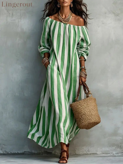 Vertical‑Stripe Off‑Shoulder Linen Maxi Dress - Green / S