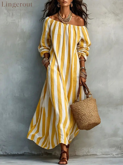 Vertical‑Stripe Off‑Shoulder Linen Maxi Dress - Yellow / S