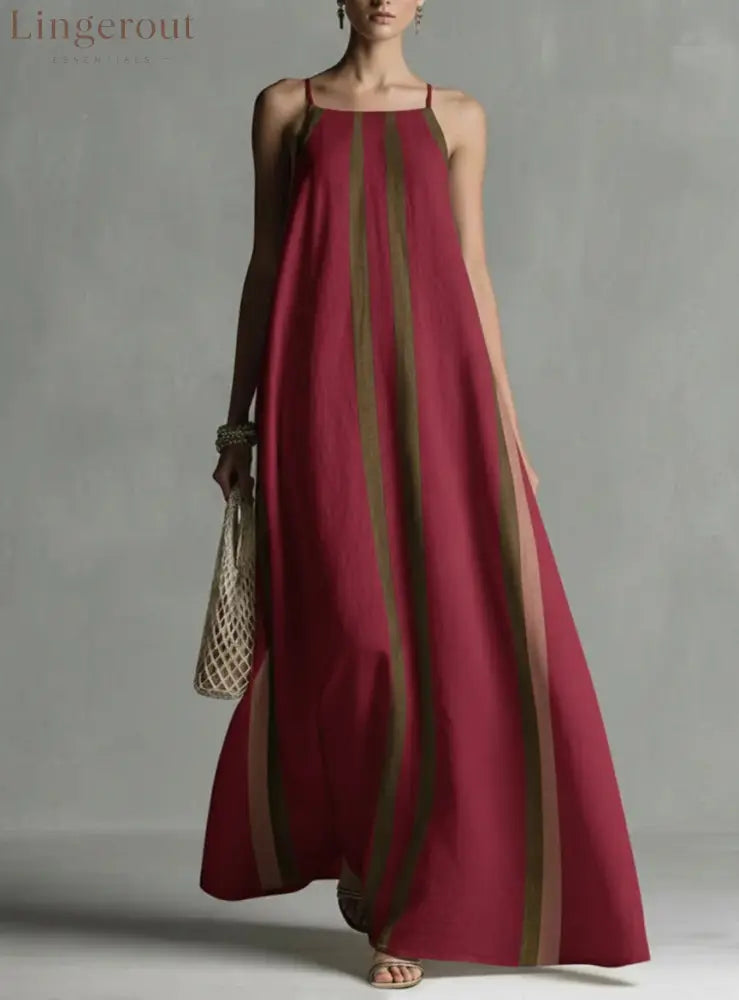 Vertical Stripe Spaghetti Strap Loose Flowy Maxi Dress - Claret / S