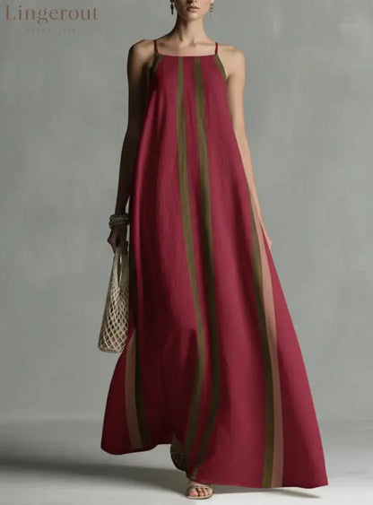 Vertical Stripe Spaghetti Strap Loose Flowy Maxi Dress - Claret / S