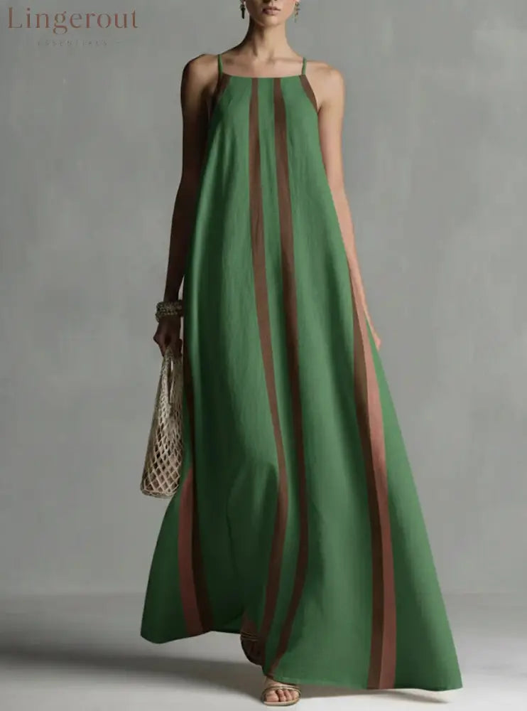 Vertical Stripe Spaghetti Strap Loose Flowy Maxi Dress - Green / S