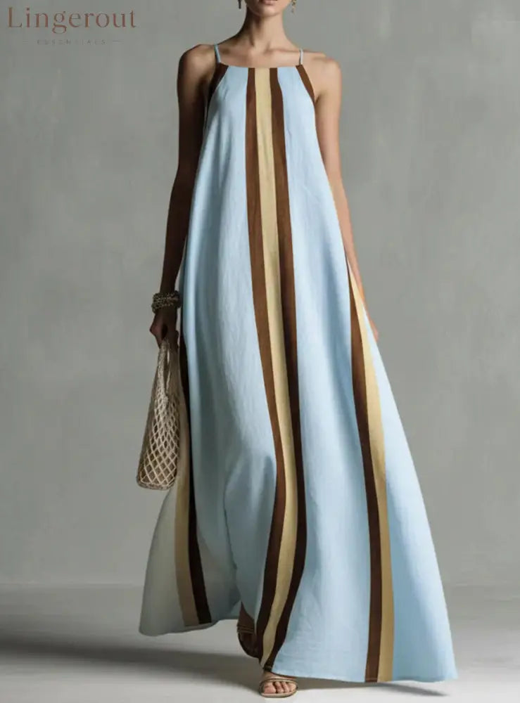 Vertical Stripe Spaghetti Strap Loose Flowy Maxi Dress - Sky blue / S