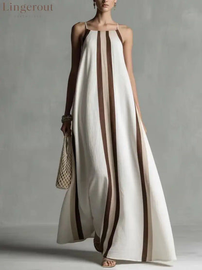 Vertical Stripe Spaghetti Strap Loose Flowy Maxi Dress - White / S