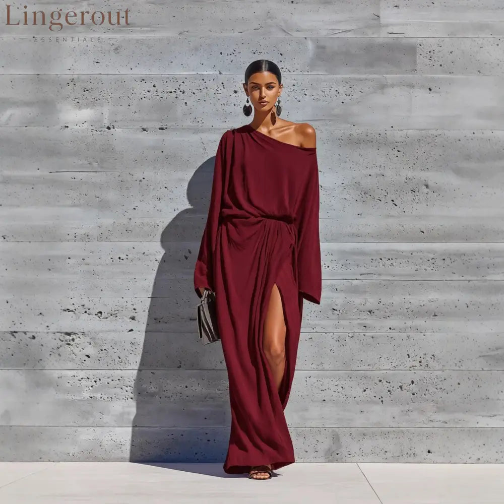 Vibrant Purple Off Shoulder Batwing Wrap Slit Maxi Dress - Claret / XS