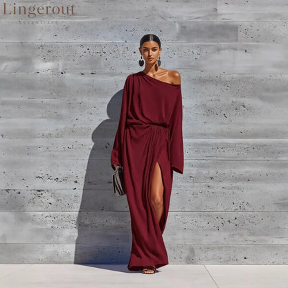 Vibrant Purple Off Shoulder Batwing Wrap Slit Maxi Dress - Claret / XS