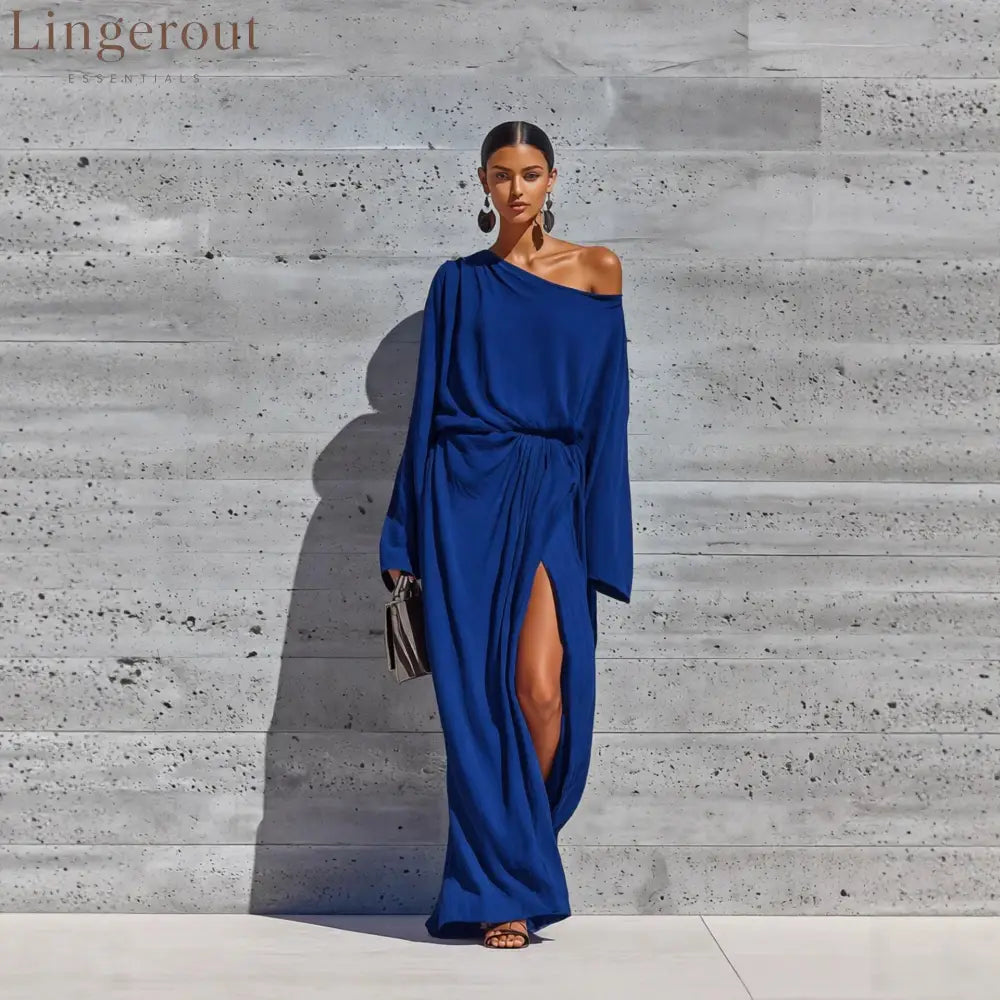 Vibrant Purple Off Shoulder Batwing Wrap Slit Maxi Dress - Dark blue / XS
