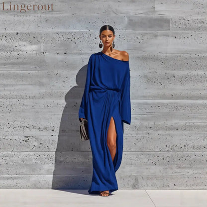 Vibrant Purple Off Shoulder Batwing Wrap Slit Maxi Dress - Dark blue / XS