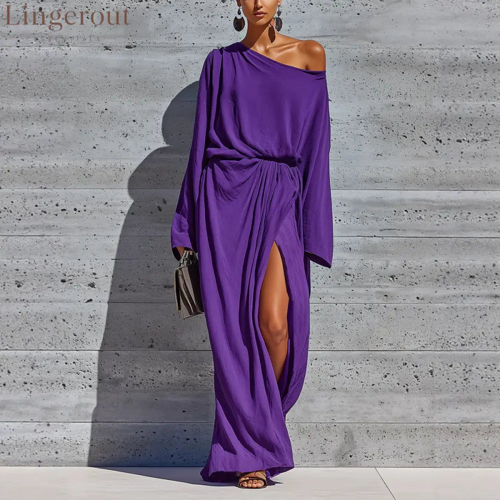 Vibrant Purple Off Shoulder Batwing Wrap Slit Maxi Dress - Purple / XS