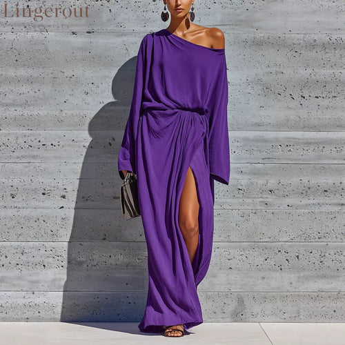 Vibrant Purple Off Shoulder Batwing Wrap Slit Maxi Dress - Purple / XS