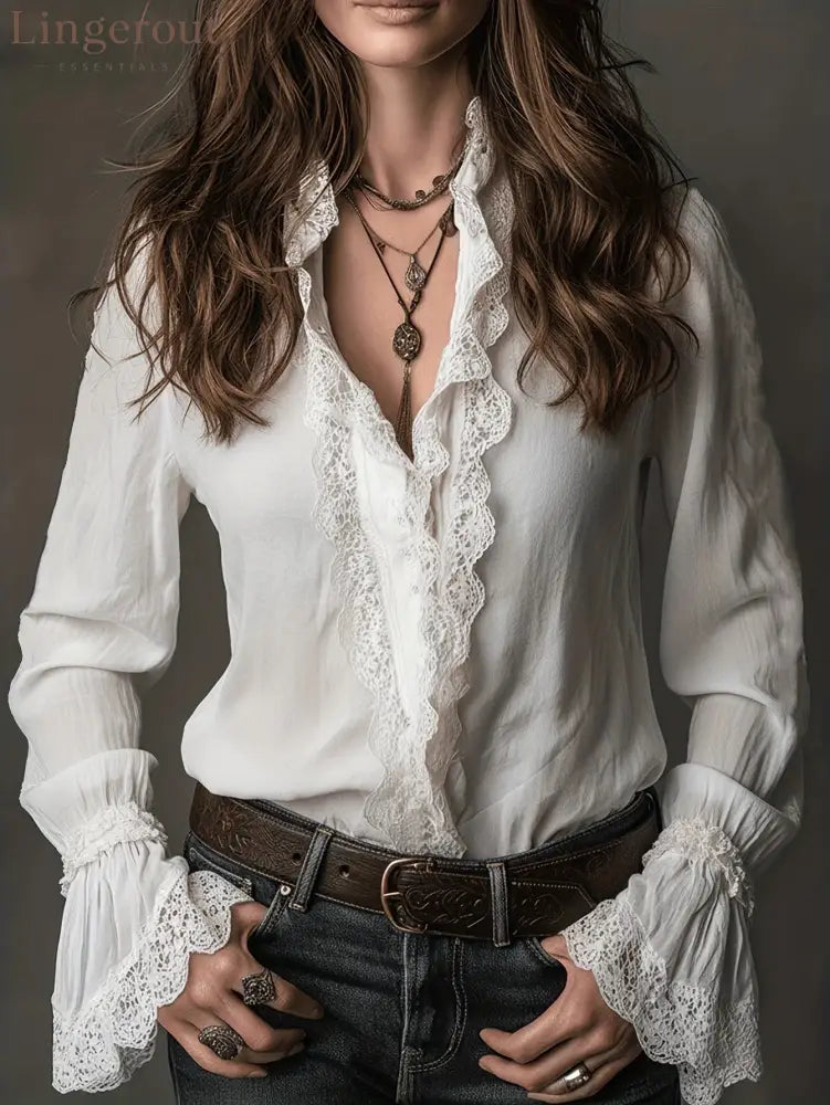 European And American Lace Shirt Women’S Design Spring And Summer 2026 New Spliced Thin Shirt Long-Sleeved Temperament