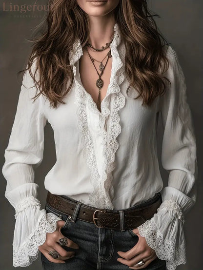 European And American Lace Shirt Women’S Design Spring And Summer 2026 New Spliced Thin Shirt Long-Sleeved Temperament