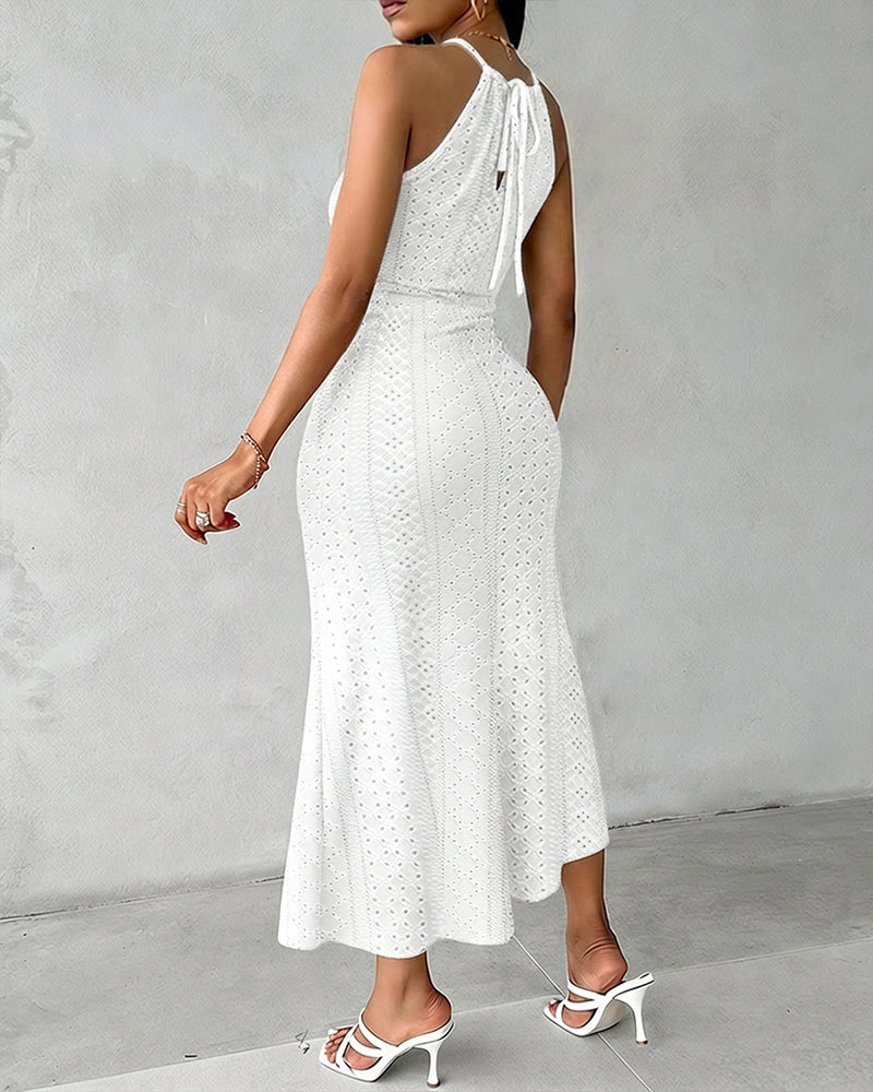 Robe décontractée à col licou, nouée, croisée devant, en jacquard tricoté texturé avec fente, robe de vacances drapée ajourée