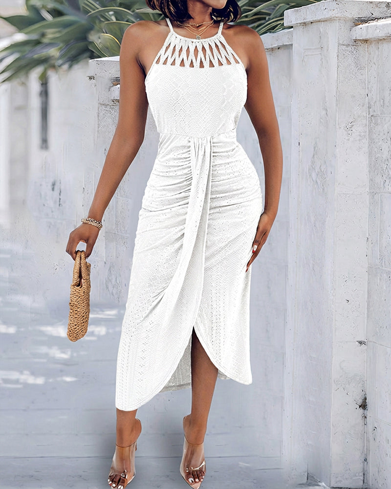 Robe décontractée à col licou, nouée, croisée devant, en jacquard tricoté texturé avec fente, robe de vacances drapée ajourée