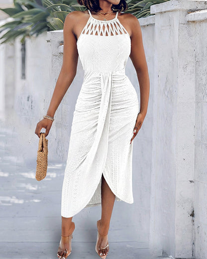 Robe décontractée à col licou, nouée, croisée devant, en jacquard tricoté texturé avec fente, robe de vacances drapée ajourée