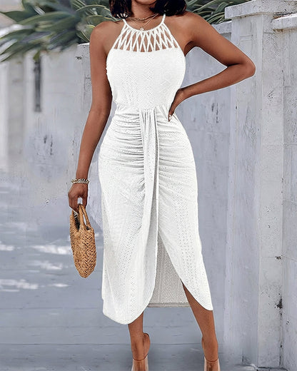 Robe décontractée à col licou, nouée, croisée devant, en jacquard tricoté texturé avec fente, robe de vacances drapée ajourée