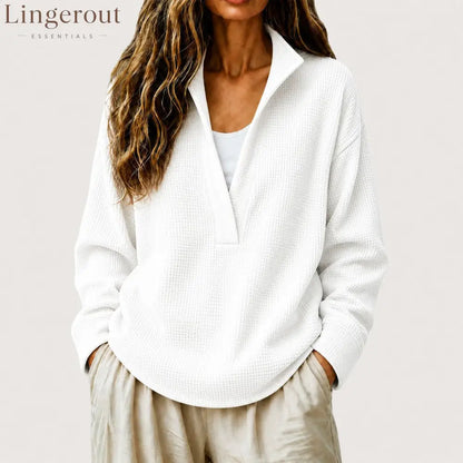 Waffle Textured Half Zip Stand Collar Long Sleeve Top