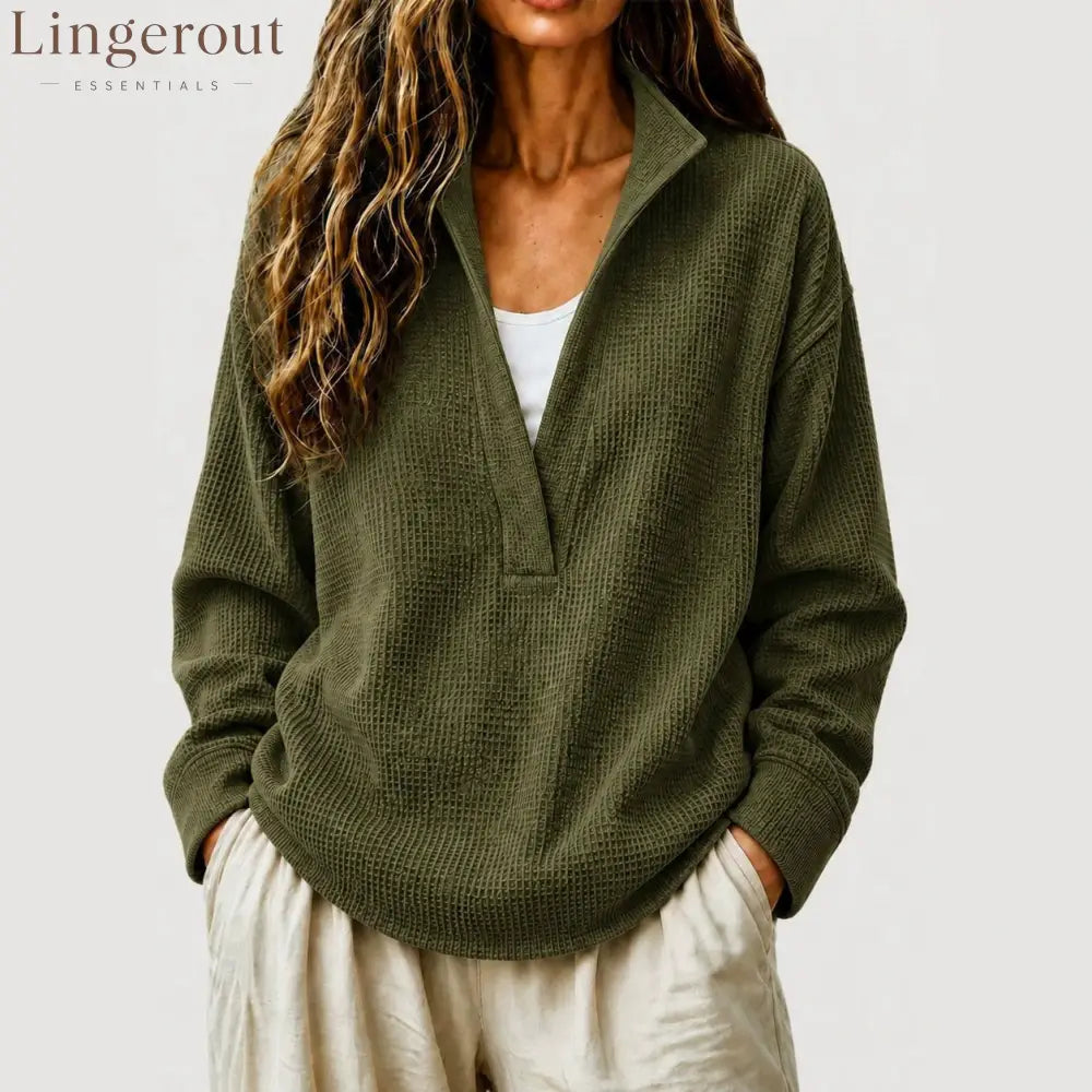 Waffle Textured Half Zip Stand Collar Long Sleeve Top