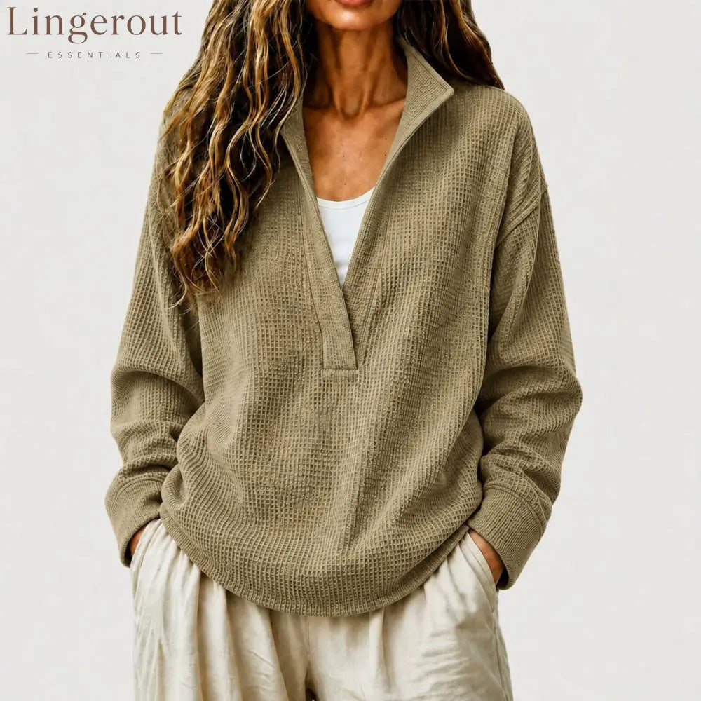 Waffle Textured Half Zip Stand Collar Long Sleeve Top